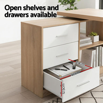 Artiss Computer Desk Swivelling L shape Home Office Storage Cabinet Oak.