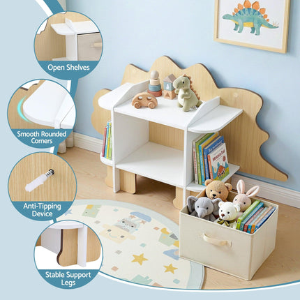 Keezi Dinosaur Kids Bookshelf 2-Tier Children's Bookcase Wooden with with Fabric Drawer, Toddler Bookshelf Toy Storage Organizer for Preschool, Kids Room, Playroom, Nursery.
