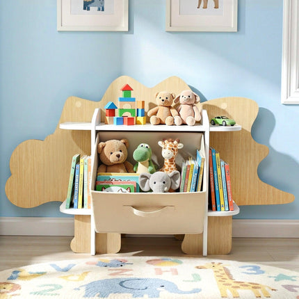 Keezi Dinosaur Kids Bookshelf 2-Tier Children's Bookcase Wooden with with Fabric Drawer, Toddler Bookshelf Toy Storage Organizer for Preschool, Kids Room, Playroom, Nursery.