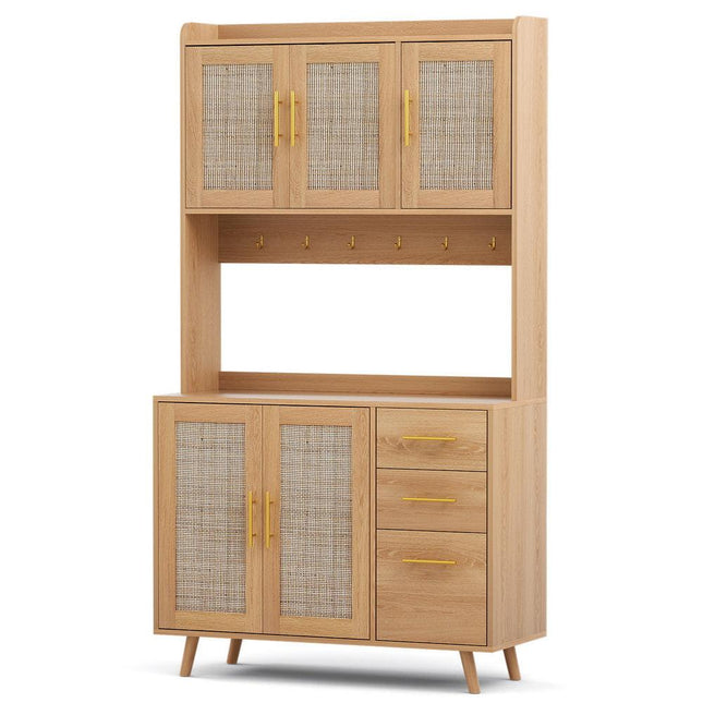 Artiss Buffet Sideboard Hutch Storage Cabinet Kitchen Cupboard Hooks Rattan Pine.