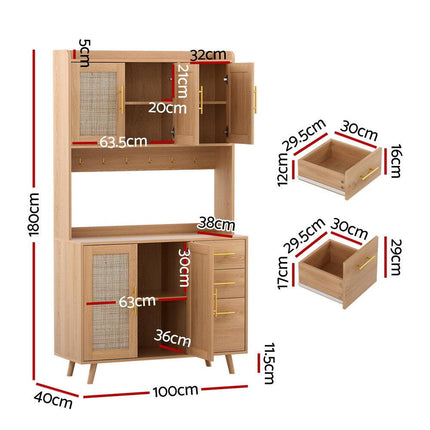 Artiss Buffet Sideboard Hutch Storage Cabinet Kitchen Cupboard Hooks Rattan Pine.