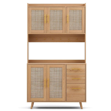 Artiss Buffet Sideboard Hutch Storage Cabinet Kitchen Cupboard Hooks Rattan Pine.
