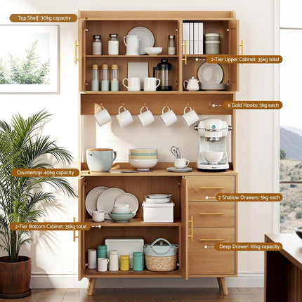Artiss Buffet Sideboard Hutch Storage Cabinet Kitchen Cupboard Hooks Rattan Pine.