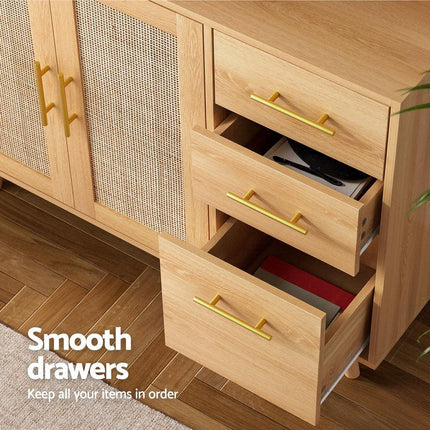 Artiss Buffet Sideboard Hutch Storage Cabinet Kitchen Cupboard Hooks Rattan Pine.