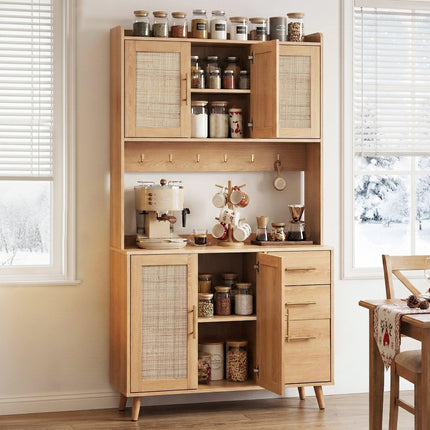 Artiss Buffet Sideboard Hutch Storage Cabinet Kitchen Cupboard Hooks Rattan Pine.