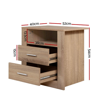 Artiss 2X Bedside Table 2 Drawers with Shelf - TARA Oak.