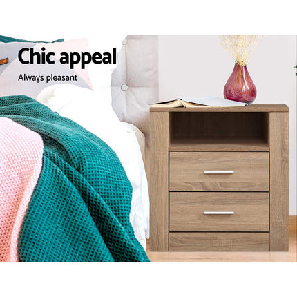Artiss 2X Bedside Table 2 Drawers with Shelf - TARA Oak.