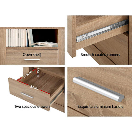 Artiss 2X Bedside Table 2 Drawers with Shelf - TARA Oak.