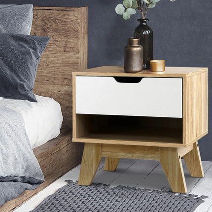 Artiss Bedside Table 1 Drawer with Shelf - IKER White & Oak.