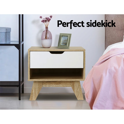 Artiss Bedside Table 1 Drawer with Shelf - IKER White & Oak.