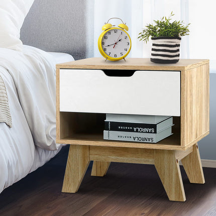 Artiss Bedside Table 1 Drawer with Shelf - IKER White & Oak.