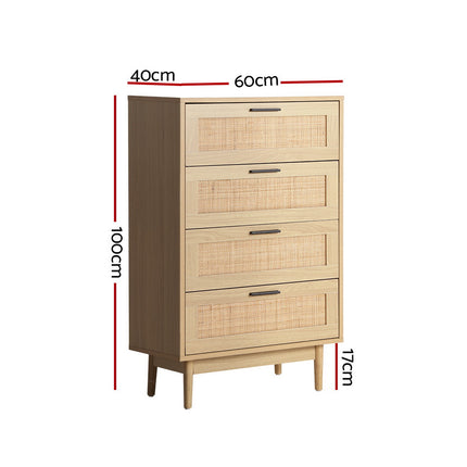 Artiss 4 Chest of Drawers Rattan Tallboy Pine - BRIONY.