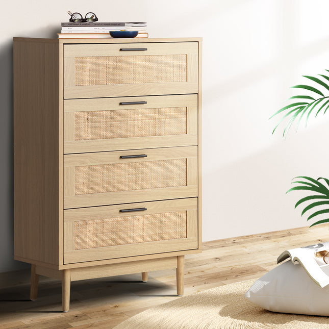 Artiss 4 Chest of Drawers Rattan Tallboy Pine - BRIONY.
