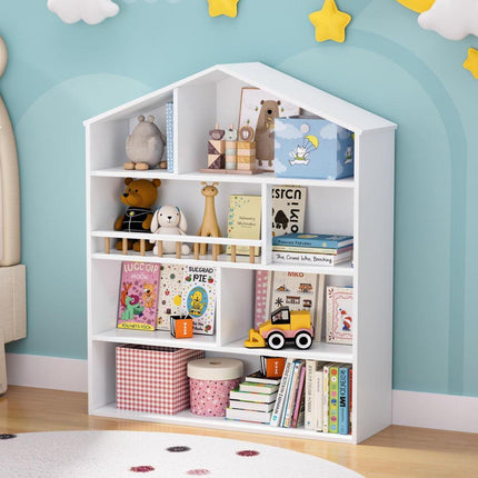 Keezi 4 Tiers Kids Bookshelf Wooden Bookcase Display Storage Organiser Cabinet White.