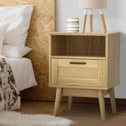 Artiss Rattan Bedside Table 1 Drawer with Shelf - REI Oak.