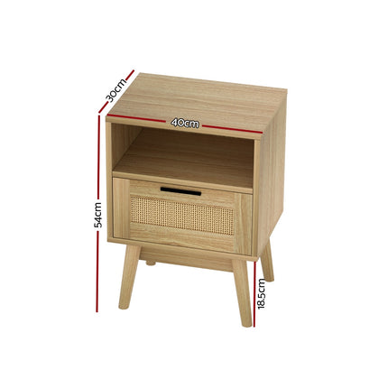 Artiss Rattan Bedside Table 1 Drawer with Shelf - REI Oak.
