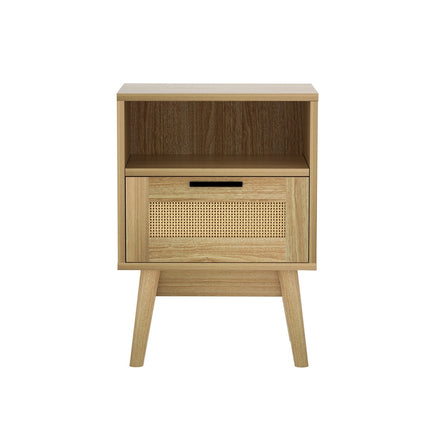 Artiss Rattan Bedside Table 1 Drawer with Shelf - REI Oak.