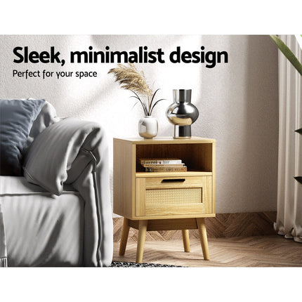 Artiss Rattan Bedside Table 1 Drawer with Shelf - REI Oak.