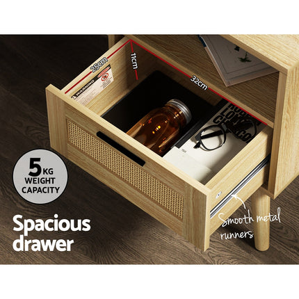 Artiss Rattan Bedside Table 1 Drawer with Shelf - REI Oak.