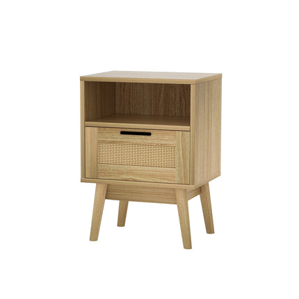 Artiss Rattan Bedside Table 1 Drawer with Shelf - REI Oak.
