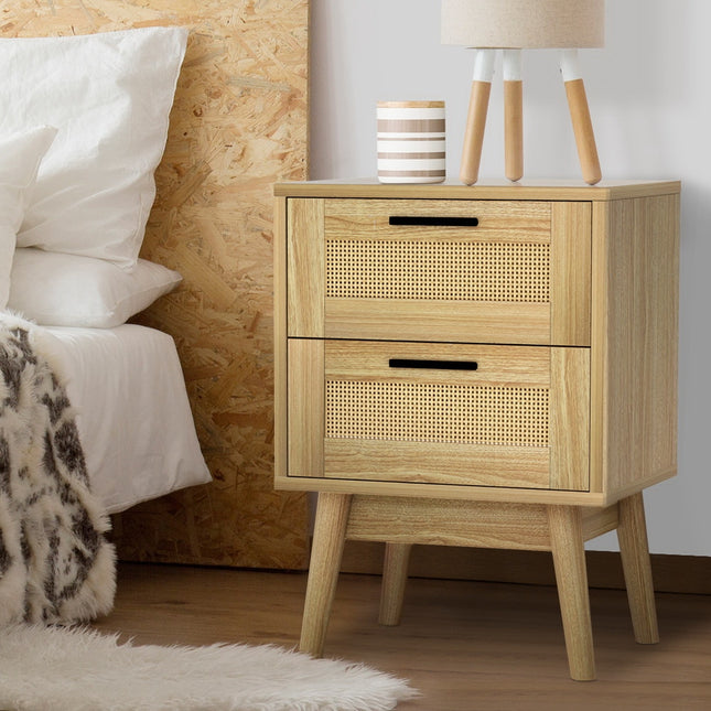Artiss Rattan Bedside Table 2 Drawers Wood - RIE Oak.