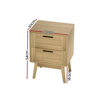Artiss Rattan Bedside Table 2 Drawers Wood - RIE Oak.