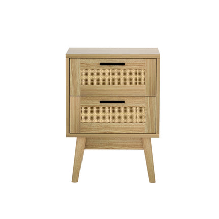 Artiss Rattan Bedside Table 2 Drawers Wood - RIE Oak.