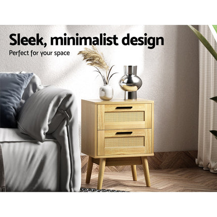 Artiss Rattan Bedside Table 2 Drawers Wood - RIE Oak.