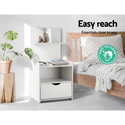 Artiss Bedside Table 1 Drawer with Shelves - EVERMORE White.