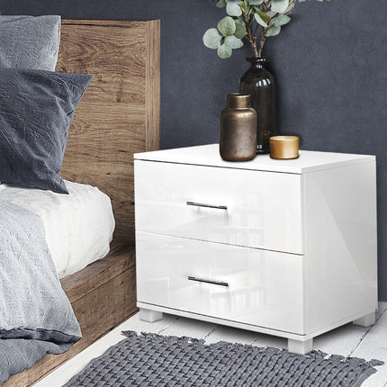 Artiss Bedside Table 2 Drawers High Gloss - White.