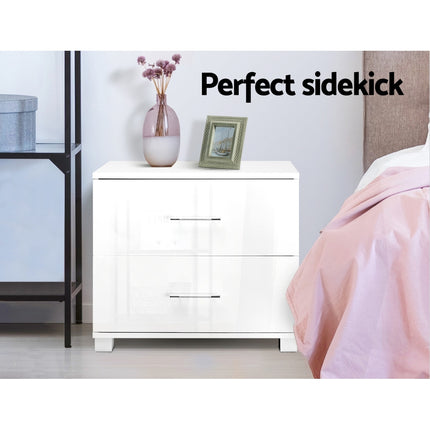 Artiss Bedside Table 2 Drawers High Gloss - White.
