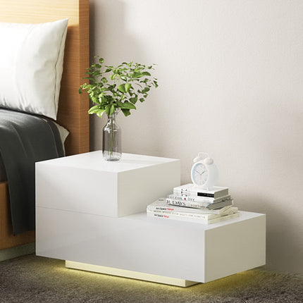 Artiss Bedside Tables LED 2 Drawers - REMI White.