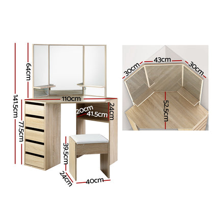 Artiss Dressing Table Stool Set Corner 5 Drawers Oak.