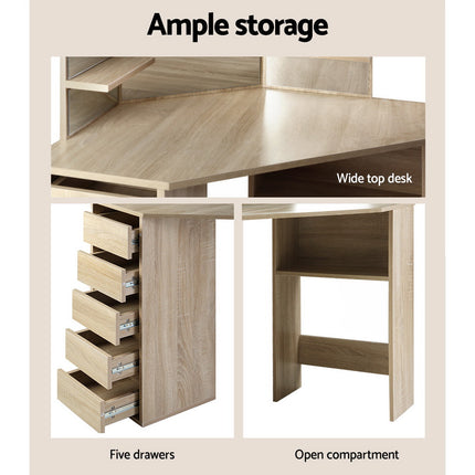 Artiss Dressing Table Stool Set Corner 5 Drawers Oak.