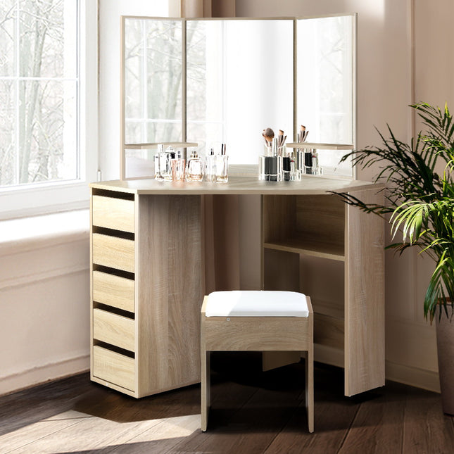Artiss Dressing Table Stool Set Corner 5 Drawers Oak.