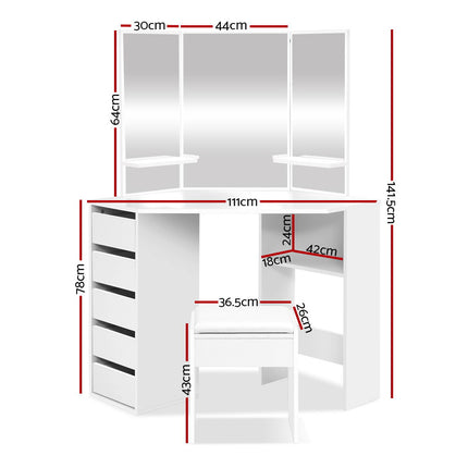 Artiss Dressing Table Stool Set Corner 5 Drawers White.