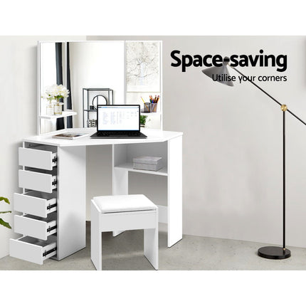 Artiss Dressing Table Stool Set Corner 5 Drawers White.