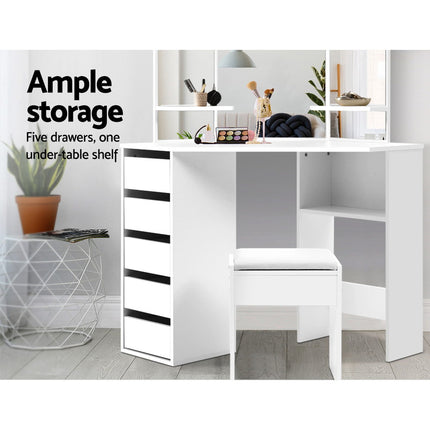Artiss Dressing Table Stool Set Corner 5 Drawers White.