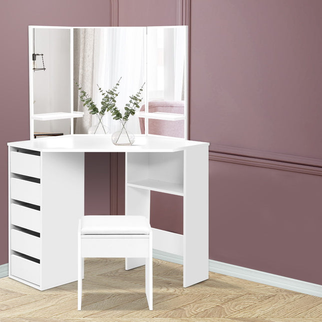 Artiss Dressing Table Stool Set Corner 5 Drawers White.