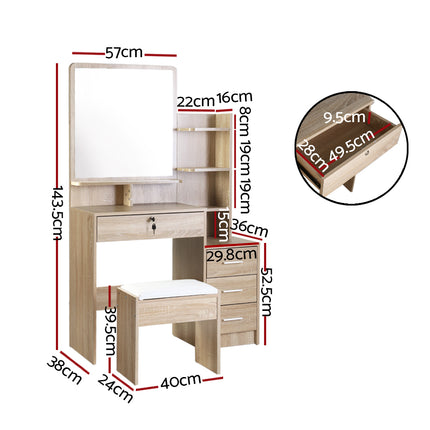 Artiss Dressing Table Stool Set 4 Drawers Oak.