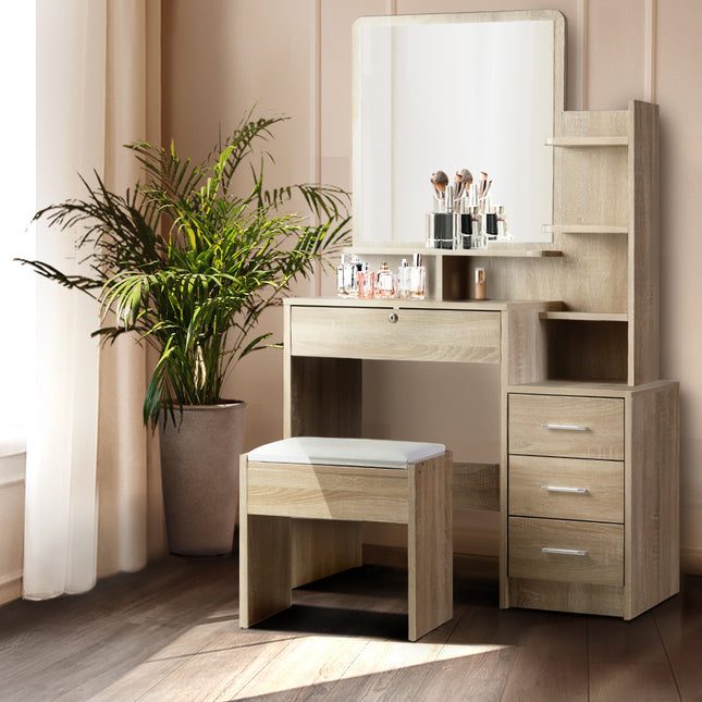 Artiss Dressing Table Stool Set 4 Drawers Oak.
