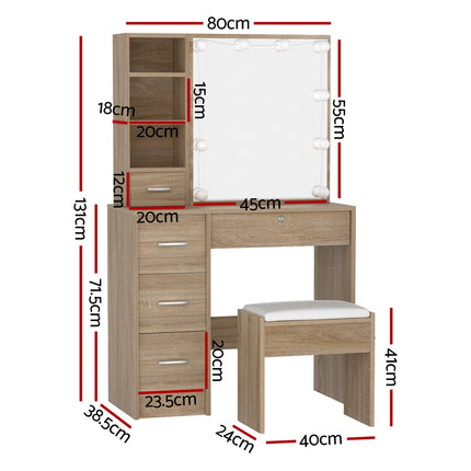 Artiss Dressing Table Set Stool 10 Led Bulbs Wood.