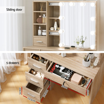 Artiss Dressing Table Set Stool 10 Led Bulbs Wood.