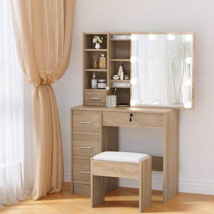Artiss Dressing Table Set Stool 10 Led Bulbs Wood.