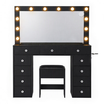 Artiss Dressing Table Charging Station LED Vanity Desk Set Stool Glass Top Make up Mirror Storage Drawer Black