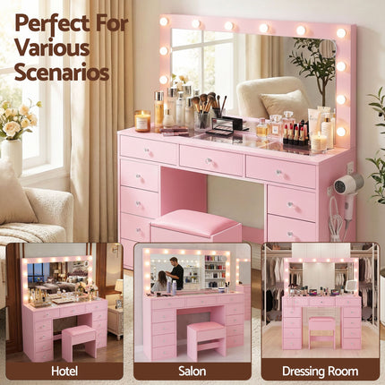 Artiss Dressing Table Charging Station LED Vanity Desk Set Stool Glass Top Make up Mirror Storage Drawer Pink