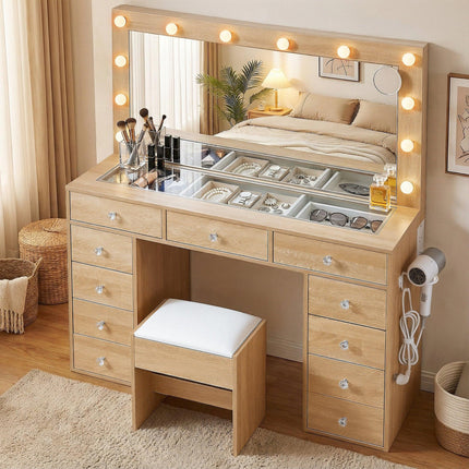 Artiss Dressing Table Vanity Desk Set Stool LED Bulbs Wood.