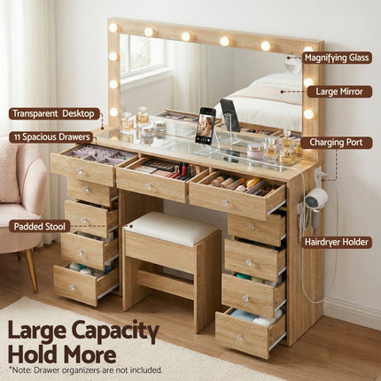 Artiss Dressing Table Vanity Desk Set Stool LED Bulbs Wood.