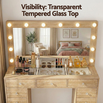 Artiss Dressing Table Vanity Desk Set Stool LED Bulbs Wood.