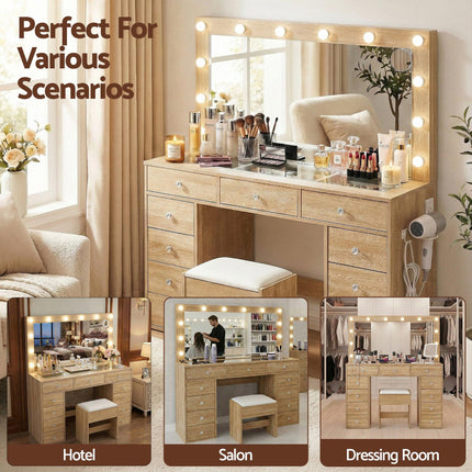 Artiss Dressing Table Vanity Desk Set Stool LED Bulbs Wood.